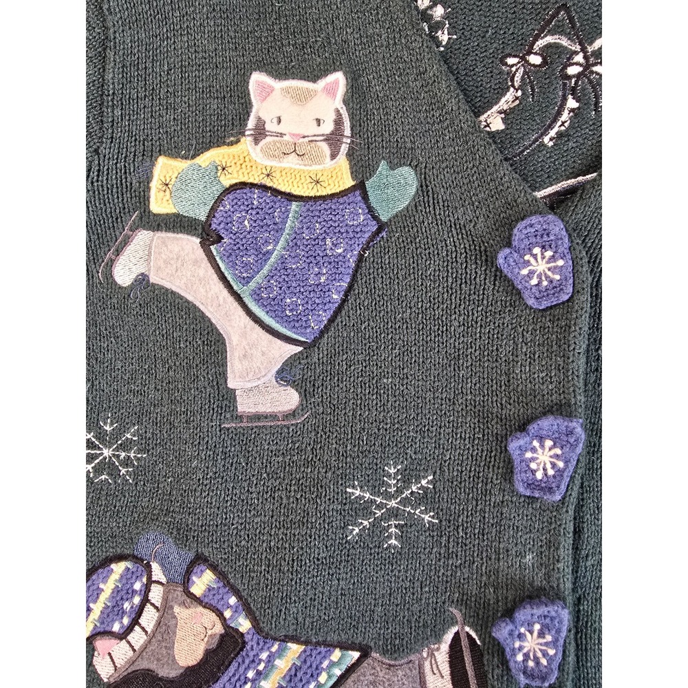 Vtg Christopher & Banks Green Ice Skating Cats Cardigan Sweater Embroidered M - Picture 5 of 13